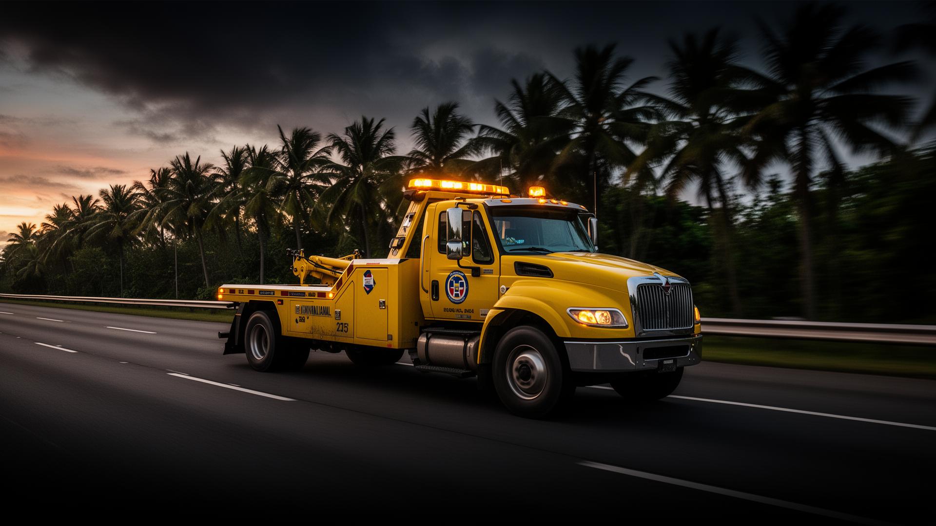 Grúa amarilla de Grúas Carela en carretera de República Dominicana